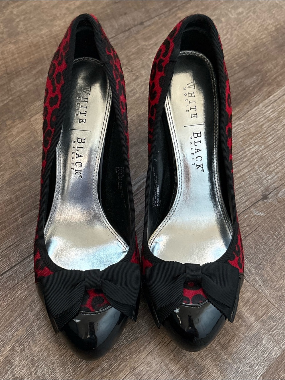 White House Black Market Red Leopard Print Pointed-Toe Pumps with Black Bow